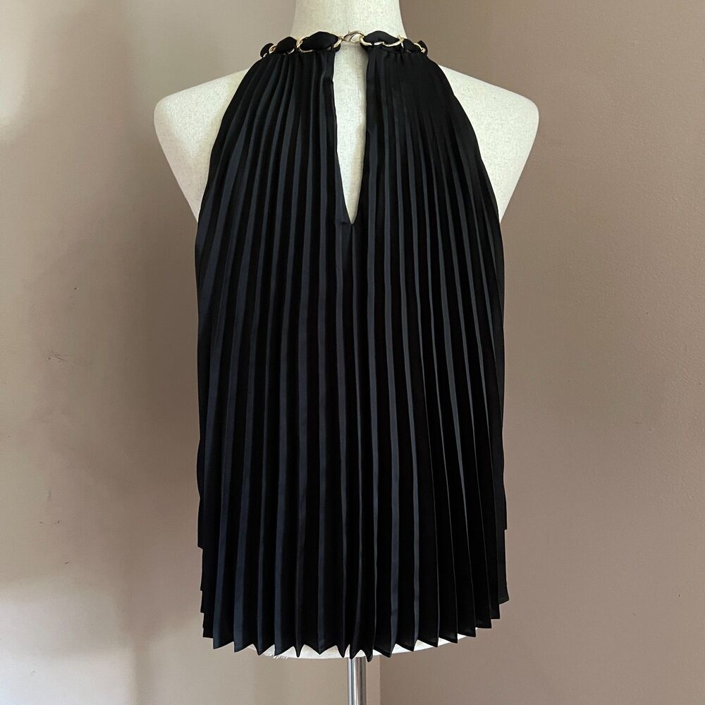 Alice + Olivia Alycia Black Pleated Chain Neck Halter Top Gold Chain Fits Like S - Picture 6 of 11